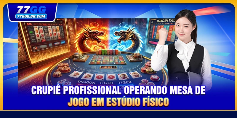 Crupiê profissional operando mesa de jogo em estúdio físico