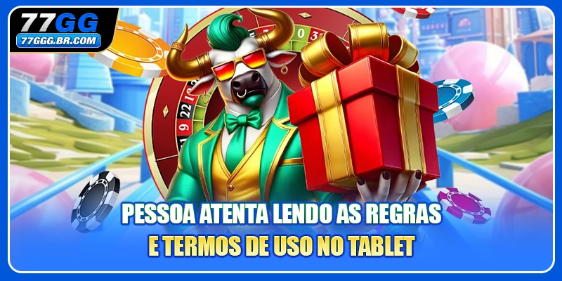 Pessoa atenta lendo as regras e termos de uso no tablet