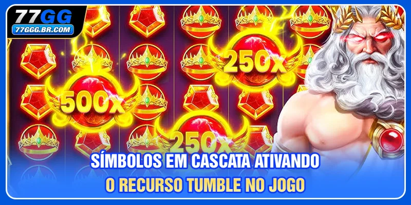 Símbolos em cascata ativando o recurso Tumble no jogo